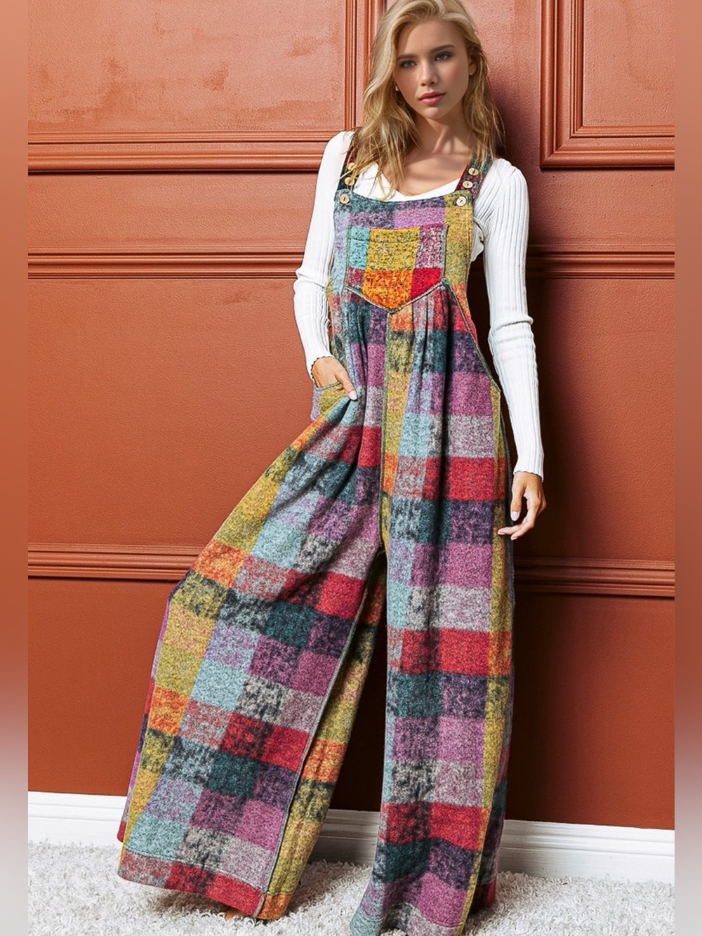 VINTAGE BRUSHED MULTI CHECKERED AND PLAID BOHO OVERALLS JUMPSUIT